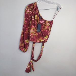 RACHEL Rachel Roy blouse Medium cropped red pink green one shoulder tie waist